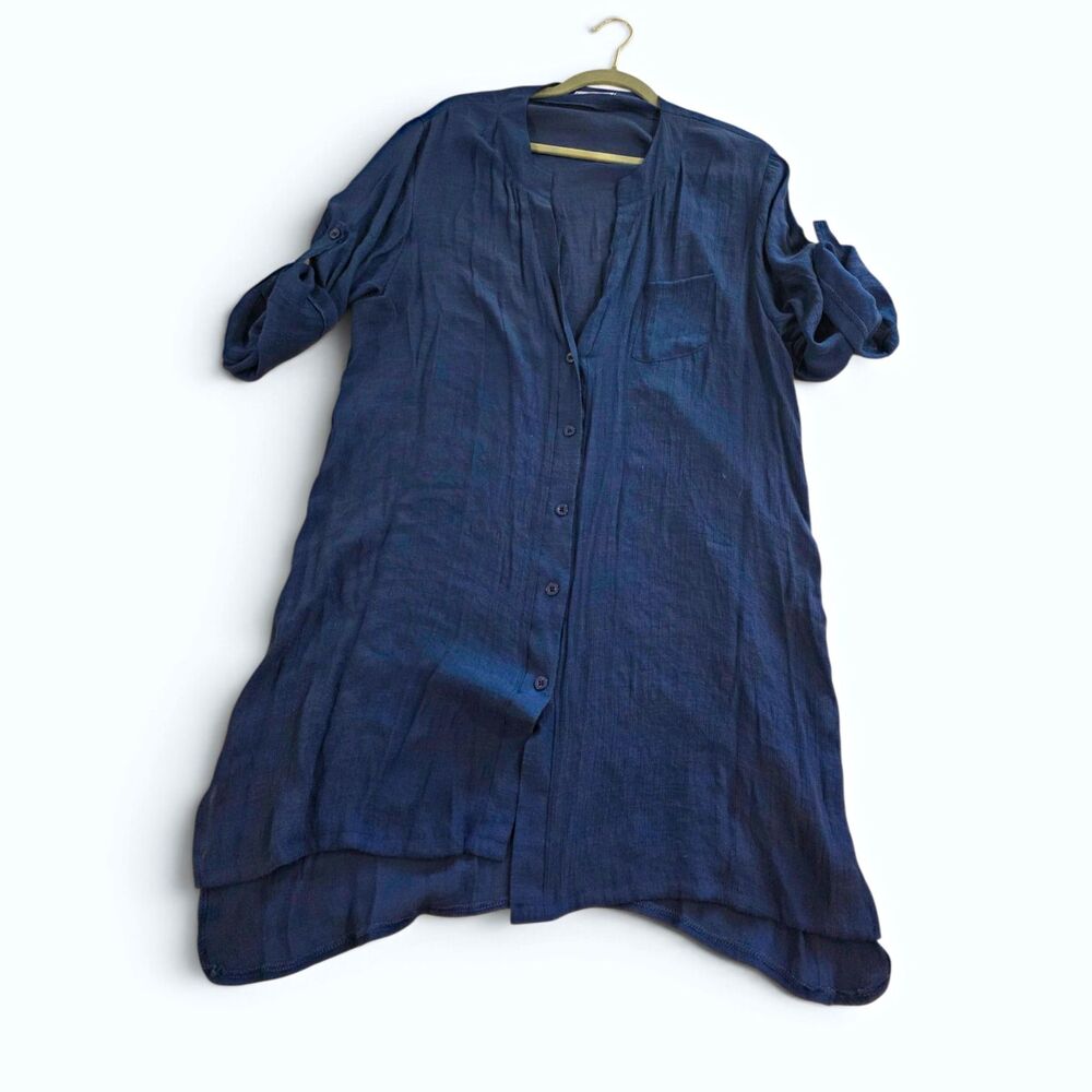 Ekouader Navy Blue Roll Tab Sleeve Button Down Tunic Shirt Dress Coverup XL